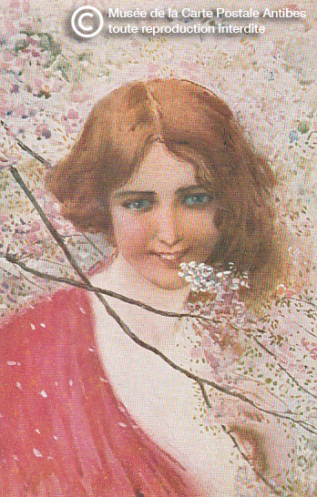 Carte postale illustrée représentant une femme et des fleurs.