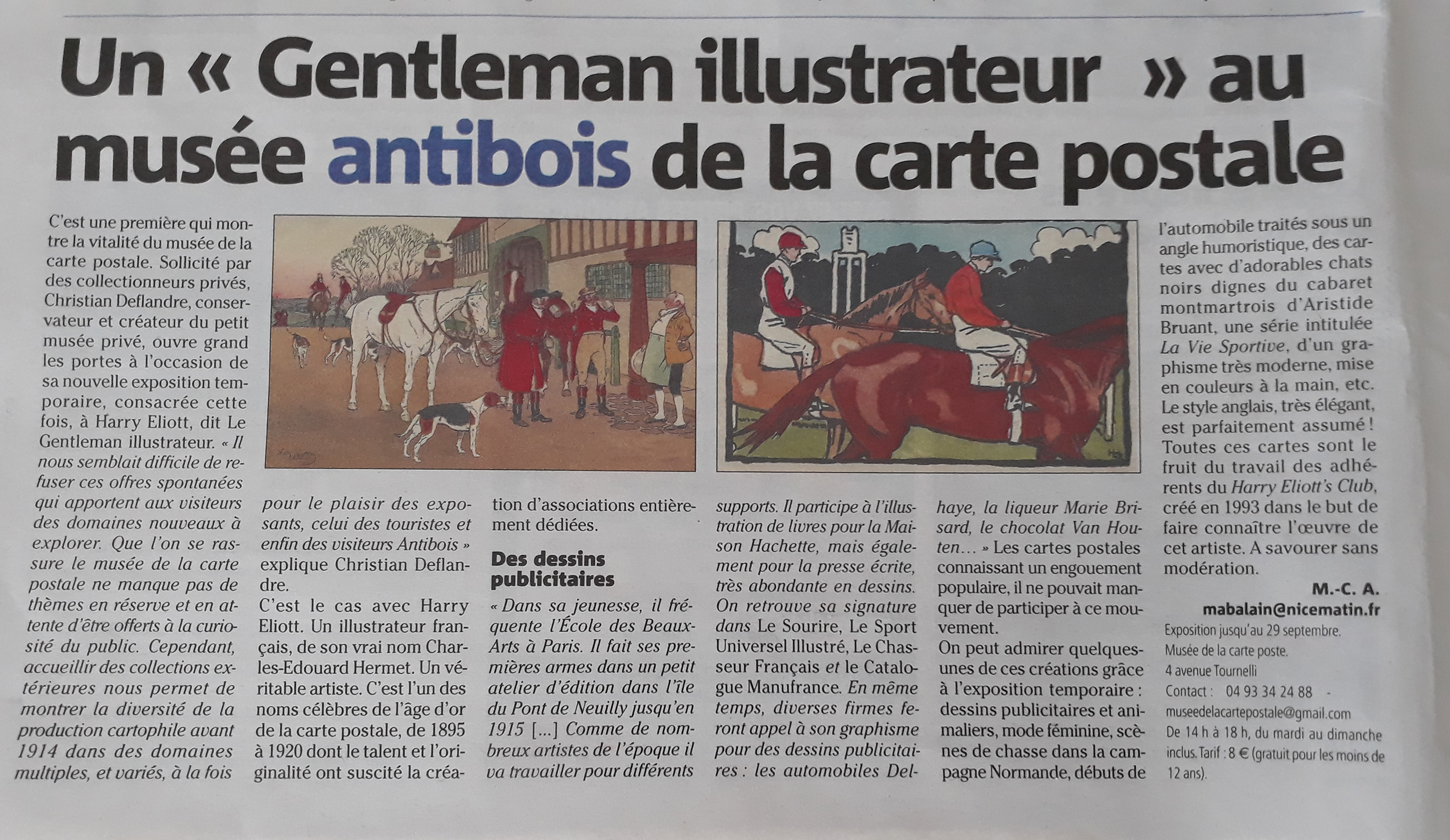 Article Nice Matin du 7 juillet 2019 sur l'exposition Harry Eliott au Musée de la Carte Postale, à Antibes.