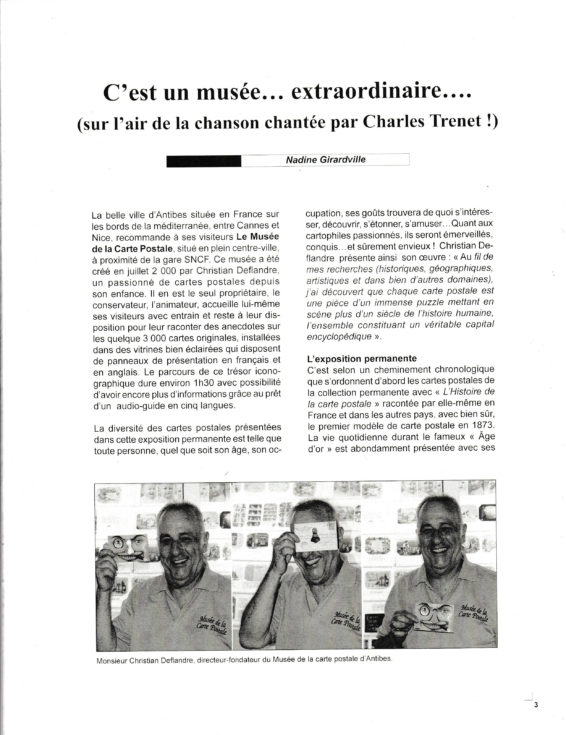 Article sur le musée de la carte postale à Antibes, issu du Bulletin du club des cartophiles quebequois n°110.