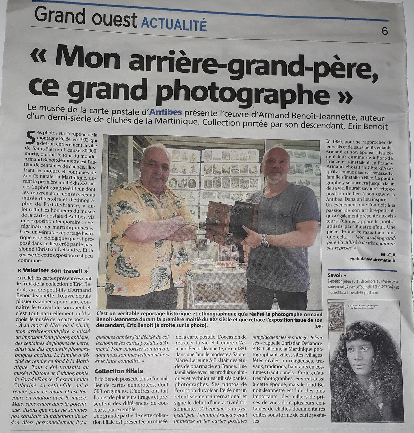 Article Nice Matin du 17/11/2019 sur l'exposition temporaire du Musée de la Carte Postale à Antibes, autour de la Martinique photographiée par Benoît-Jeannette.