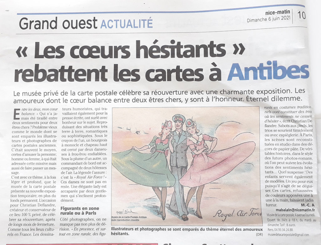 Article journal Nice Matin du 06/06/21 sur l'exposition temporaire "entre les deux mon cœur balance" du Musée de la Carte Postale, à Antibes.