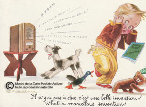 Carte postale ancienne et illustrée, représentant l'invention de la radio.