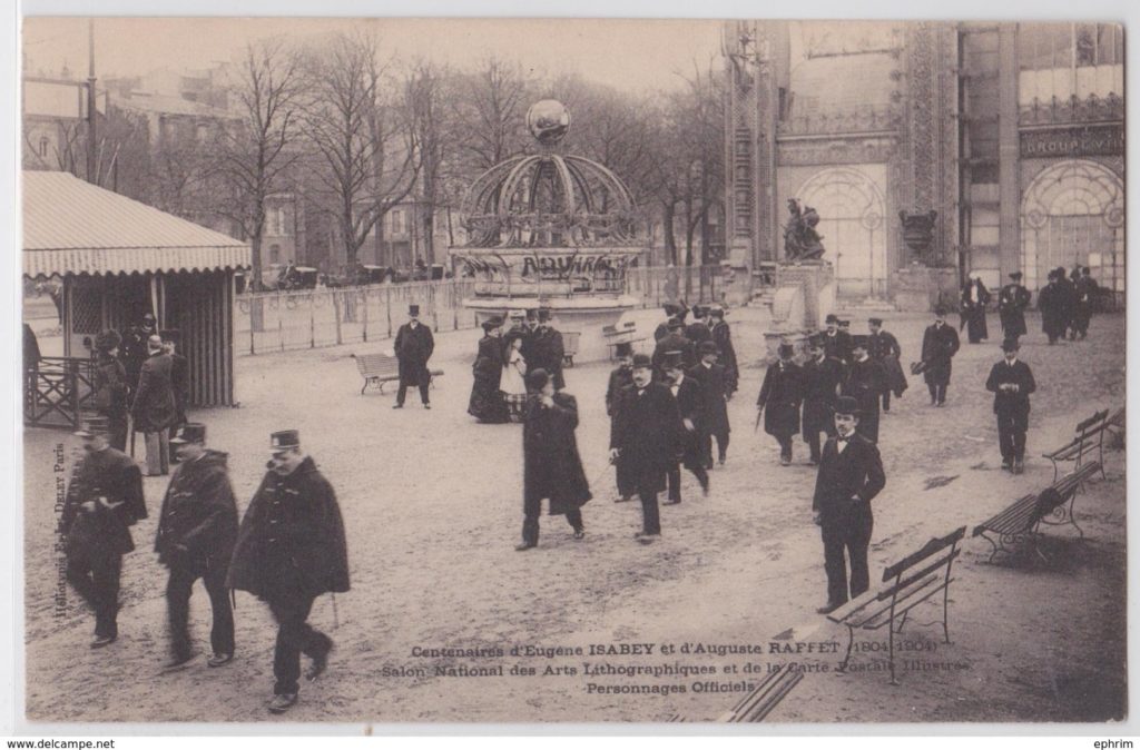 Carte postale célébrant le centenaire d'Eugène ISABEY et Auguste RAFFET au Salon National des Arts Lithographiques et de la carte postale illustrée.