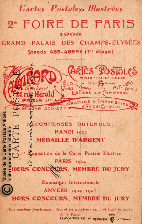 Surcharge publicitaire au verso d’une carte postale pour l’éditeur A.GIRARD diffusée à la Foire de Paris en 1905.