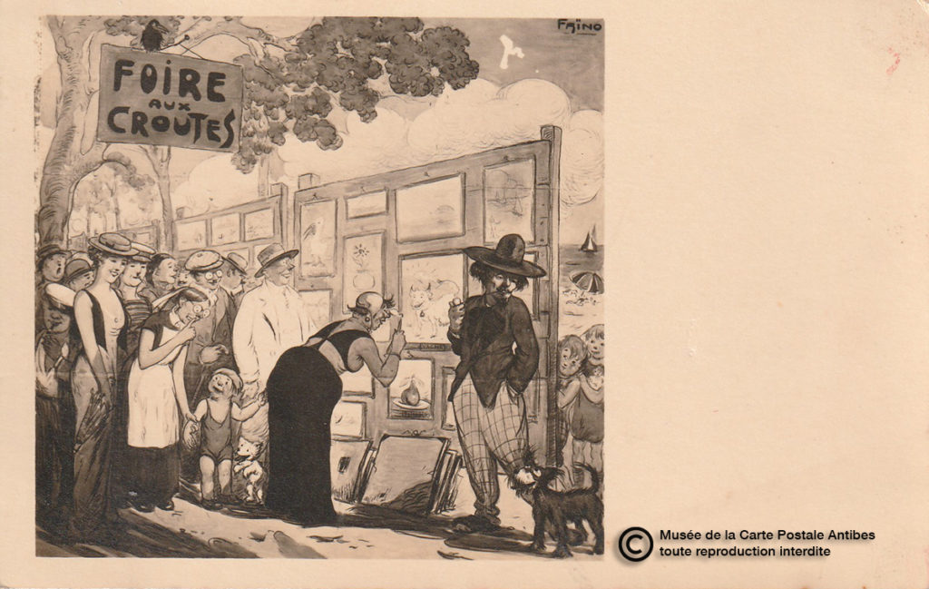 Carte postale ancienne illustrée humoristique représentant un marché de peintures, ou foire aux croutes.