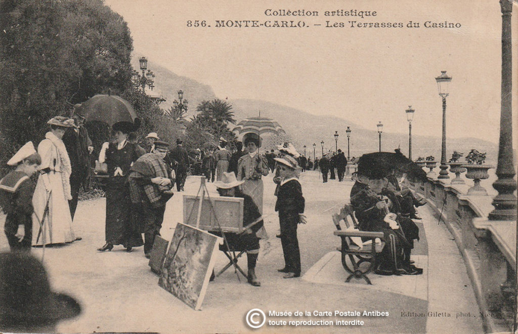Carte postale ancienne représentant un peintre paysagiste à Monaco Monte-Carlo sur les Terrasses du Casino.