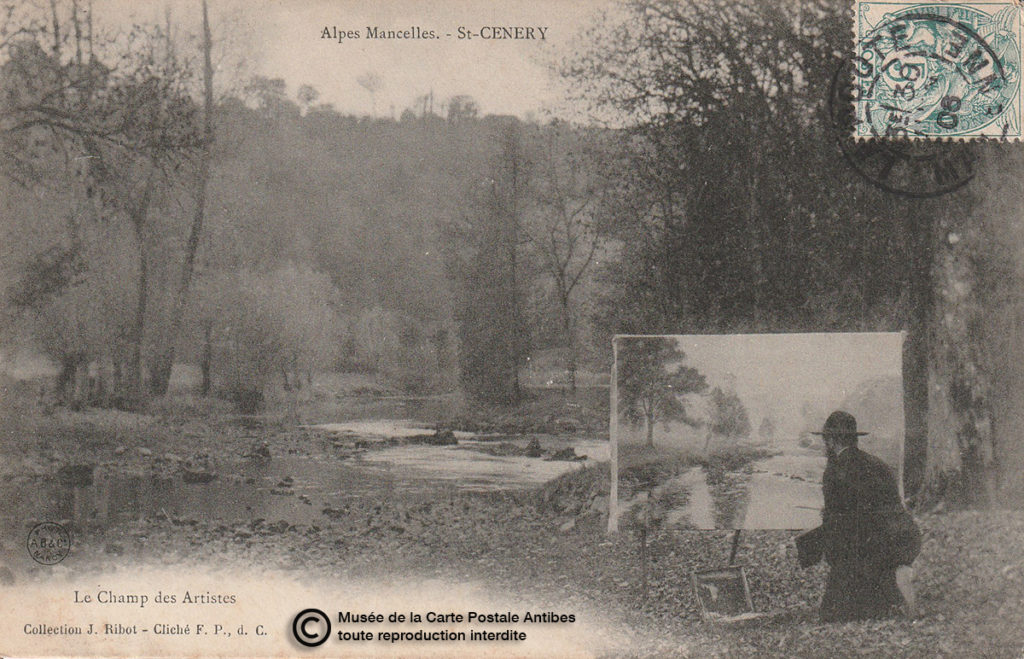 Carte postale ancienne représentant un peintre paysagiste à Saint-Cenery dans les Alpes Mancelles.