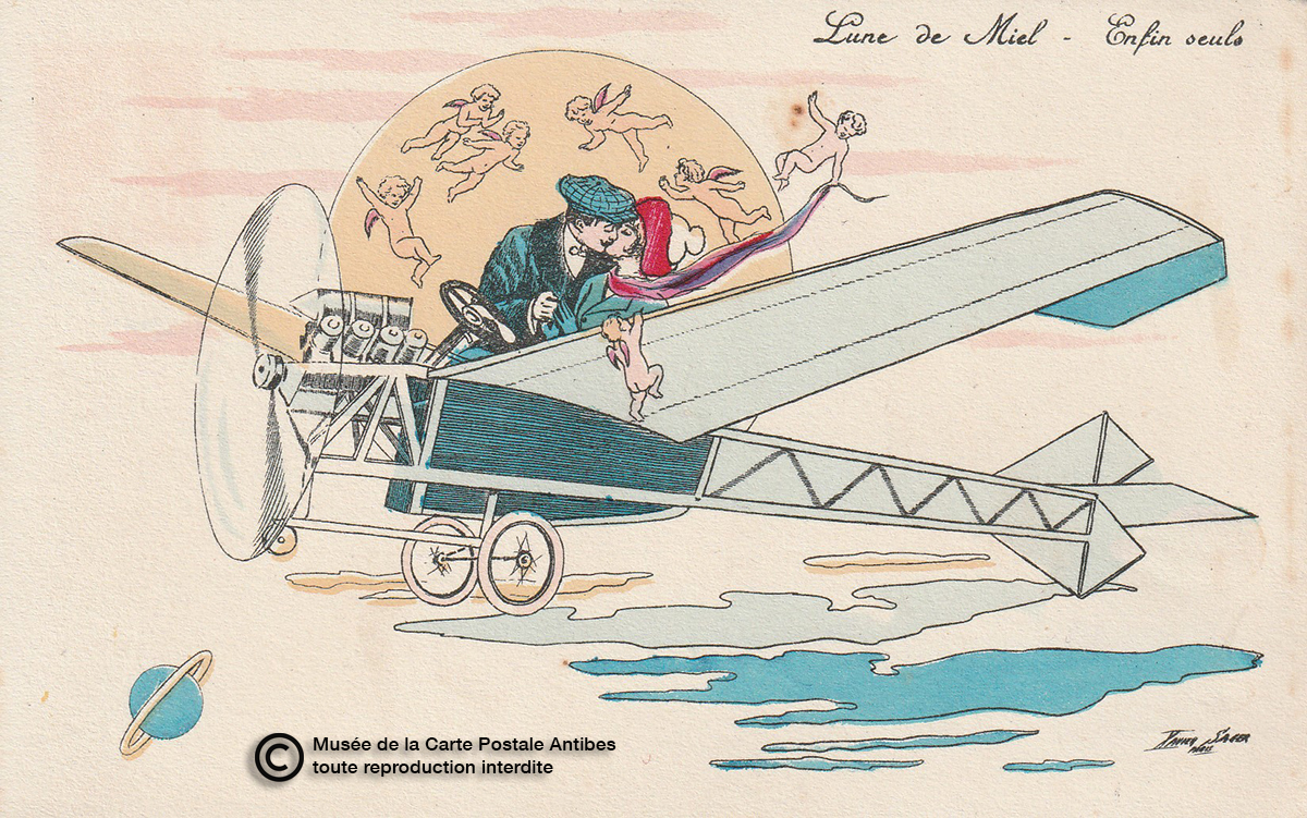 Carte postale « Lune de Miel Enfin seuls. »  Création de Xavier SAGER Editeur KUNSLI Frères Paris. Série  N° 4479 photogravure colorisée à la main (avant 1914).