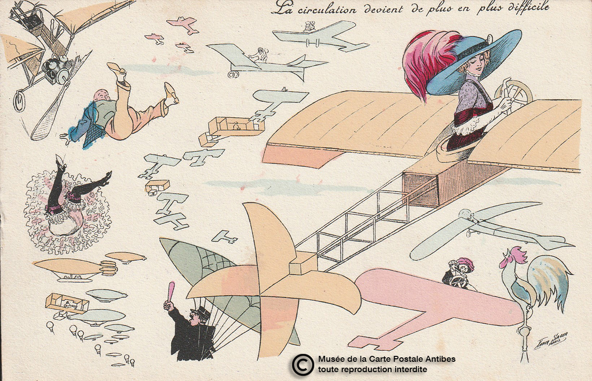 Carte postale « La circulation devient de plus en plus difficile » Création de Xavier SAGER. Editeur K.F. Paris.  Série N° 4479 photogravure colorisée à la main (avant 1914).