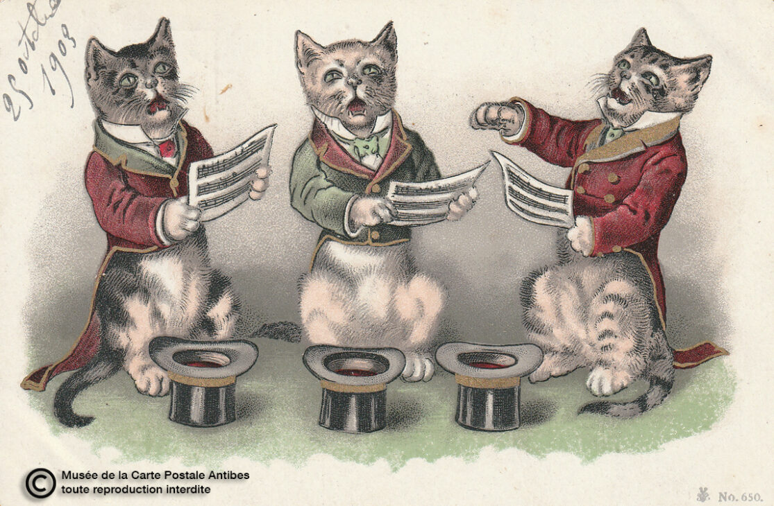Carte postale dessin de chats qui chantent.