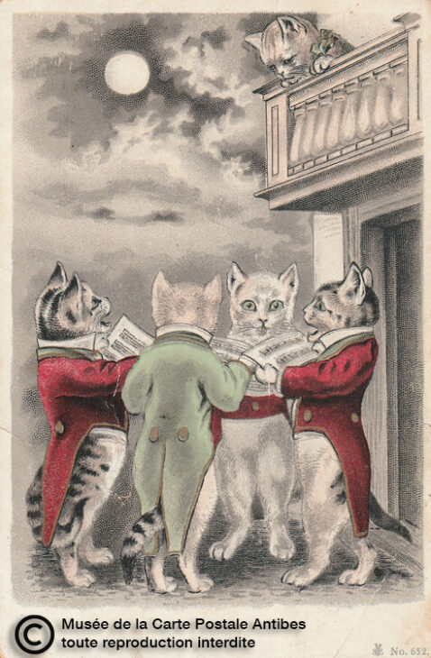 Carte postale illustrant des chats chanteurs.