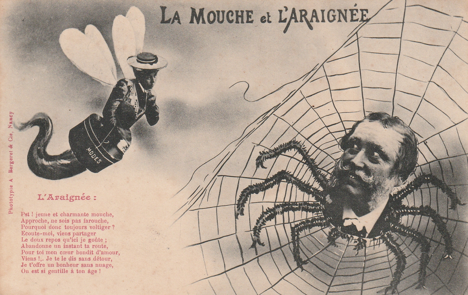 Carte postale ancienne représentant une araignée et une mouche humanisées.