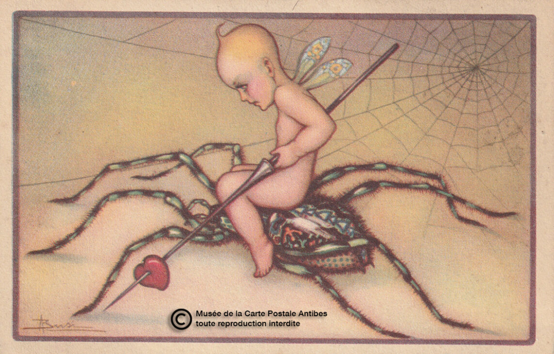 Carte postale ancienne illustrée représentant un bébé sur une araignée.