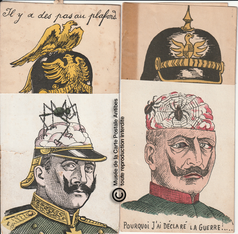 Carte postale ancienne à tirette représentant la folie du Kaiser avec une araignée au plafond.